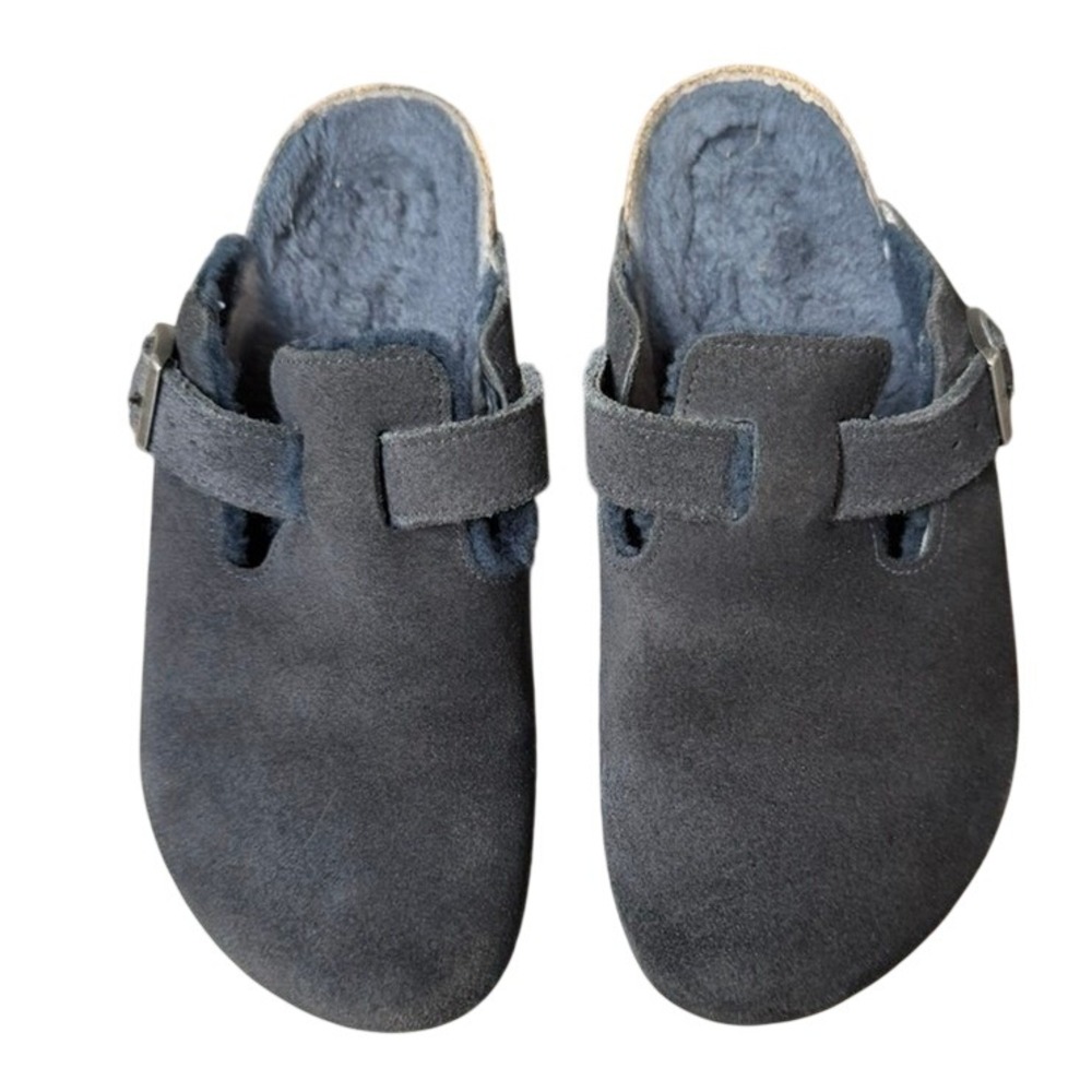 Birkenstock Boston Shearling Navy Suede Clogs Size 38 L7 M5 Slip On Warm Winter
